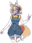  1girl :d alternate_hairstyle animal_ear_fluff animal_ears asymmetrical_sidelocks blonde_hair blue_overalls blush breasts commentary_request cowboy_shot cropped_legs egq912 fluffy_tail fox_ears fox_girl fox_shadow_puppet fox_tail green_eyes heart highres indie_virtual_youtuber large_breasts looking_down nomed_hagaki open_mouth overall_shorts overalls shirt side_ponytail sidelocks simple_background smile solo standing tail virtual_youtuber white_background yellow_shirt 