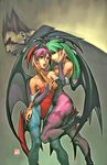  2girls :o arm_grab arnold_tsang bangs bare_shoulders bat bat_wings blue_legwear boots breasts bridal_gauntlets brown_hair capcom center_opening cleavage collarbone demitri_maximoff demon_girl flat_chest frown fur_trim green_eyes green_hair grin hair_between_eyes hand_on_another's_face hand_on_thigh head_wings high_heels highleg highleg_leotard hug incest large_breasts leg_lift legs leotard lilith_aensland long_hair looking_at_viewer looking_away looking_back morrigan_aensland multiple_girls naughty_face open_mouth pantyhose parted_lips print_legwear profile purple_hair purple_legwear red_eyes shoes short_hair siblings sideboob signature sisters smile spiked_hair standing standing_on_one_leg succubus udon_entertainment vampire vampire_(game) wings yuri 