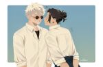  2boys arms_behind_back black_hair blush border collared_shirt commentary_request geto_suguru gojo_satoru hair_bun highres imminent_kiss jujutsu_kaisen male_focus multiple_boys rizurin shirt short_hair single_hair_bun sunglasses sweat undershirt white_border white_hair white_shirt yaoi 