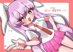  1girl border breasts collared_shirt commentary_request cowboy_shot dutch_angle hair_between_eyes hand_on_own_hip heart heart-shaped_pupils highres index_finger_raised komugi_zora large_breasts long_hair necktie open_mouth outside_border pink_skirt pleated_skirt purple_hair red_border red_eyes red_necktie reisen_udongein_inaba shirt short_sleeves sidelocks skirt smile solo square-end_necktie standing symbol-shaped_pupils touhou translation_request very_long_hair white_background white_shirt 