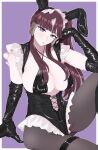  1girl alternate_costume animal_ears black_gloves black_pantyhose border breasts brown_hair cleavage commentary_request criss-cross_halter ear_covers frilled_leotard frills gloves halterneck highres horse_ears horse_girl horse_tail kumabachi315 large_breasts leg_up leotard long_hair long_sidelocks lucky_lilac_(umamusume) nontraditional_playboy_bunny open_mouth outside_border pantyhose purple_background purple_eyes sidelocks sitting solo tail thigh_strap umamusume white_border 