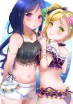  2girls arms_behind_back bare_shoulders bikini black_bikini blonde_hair blue_hair blush breasts closed_mouth collarbone commentary_request denim denim_shorts fingernails flower hair_flower hair_ornament heart heart_necklace highres jewelry long_hair looking_at_viewer love_live! love_live!_sunshine!! matsuura_kanan medium_breasts multiple_girls nail_polish navel necklace ohara_mari pink_eyes purple_bikini purple_nails shorts smile stomach swimsuit tororo_mugi white_shorts yellow_eyes yuri 