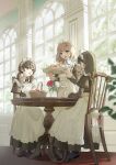  3girls absurdres apron arched_window basket black_dress black_hair black_shoes blonde_hair blue_eyes blush brown_eyes brown_hair chair closed_eyes commentary cup day dress drinking flower food frilled_apron frilled_dress frills hair_ribbon highres holding holding_cup holding_tray indoors juliet_sleeves long_hair long_sleeves looking_at_another maid maid_apron maid_headdress multiple_girls open_mouth original pastry plant puffy_sleeves red_flower red_ribbon red_rose revision ribbon rose shii_(kairi-t-k0317) shoes sitting smile standing steam sunlight table teacup teapot tray twintails vase victorian_maid white_apron white_flower white_rose window 