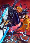  1girl absurdres armor black_armor blonde_hair blue_eyes boots commentary crop_top crystalcowboy dynamic_pose electricity gauntlets high_heel_boots high_heels highres holding holding_sword holding_weapon huge_weapon long_hair magik's_crown magik_(x-men) marvel marvel_snap official_art pauldrons planted planted_sword red_background short_shorts shorts shoulder_armor single_gauntlet single_pauldron spiked_gauntlets spiked_pauldrons spikes sword symbiote tendril very_long_hair weapon x-men 