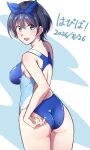  1girl adjusting_clothes adjusting_swimsuit arm_behind_back ass bare_arms birthday black_hair blue_bow blue_eyes blue_one-piece_swimsuit blush bow breasts butt_crack commentary_request competition_swimsuit dated facing_away hair_between_eyes hair_bow highres kanojo_okarishimasu large_breasts looking_at_viewer looking_back one-piece_swimsuit sarashina_ruka short_hair simple_background smile solo swimsuit translation_request ukkii 