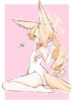  1girl absurdres animal_ear_fluff animal_ears bare_arms bare_legs bare_shoulders barefoot blonde_hair blue_archive blush commentary_request extra_ears flat_chest flower fox_ears fox_girl fox_tail grin hair_flower hair_ornament hair_over_one_eye halo highres long_hair official_alternate_costume official_alternate_hairstyle one-piece_swimsuit partial_commentary pink_eyes seia_(blue_archive) seia_(swimsuit)_(blue_archive) side_ponytail smile soles solo sonn_er swimsuit tail very_long_hair w white_flower white_one-piece_swimsuit yellow_halo 