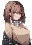  1girl absurdres black_jacket blazer blunt_bangs bob_cut breasts brown_eyes brown_hair brown_sweater collared_shirt commentary dress_shirt from_side hands_on_own_chest highres jacket jacket_partially_removed large_breasts long_sleeves looking_at_viewer minato_yu original parted_lips partially_unbuttoned raised_eyebrows school_uniform shirt short_hair sidelocks simple_background solo sweater untranslatable_commentary upper_body white_background white_shirt 