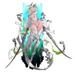  1girl absurdres agoto breasts bridal_legwear character_request copyright_request dual_wielding green_eyes grey_hair highleg highleg_leotard highres holding holding_sword holding_weapon horns leotard light_smile multiple_swords open_mouth revealing_clothes solo sword teeth thighhighs toeless_legwear upper_teeth_only weapon 