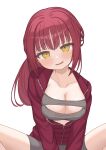  1girl absurdres blunt_bangs blush breasts cleavage cleavage_cutout clothing_cutout collarbone commentary furrowed_brow futamihara_ririko grey_shorts grey_sports_bra highres jacket large_breasts limelight_lemonade_jam long_hair long_sleeves looking_at_viewer low_ponytail nako_maguro2501 open_clothes open_jacket open_mouth partially_unzipped ponytail red_hair red_jacket shorts simple_background sitting smile smug solo sports_bra spread_legs track_jacket white_background yellow_eyes 