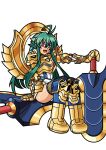  1girl antenna_hair armor armored_boots black_thighhighs boots commentary_request gauntlets gold_armor gold_trim green_hair hair_between_eyes hairband hand_on_hilt highres huge_weapon iruka-san long_hair official_style on_weapon open_mouth polaris_(shinrabanshou) red_eyes shinrabanshou sidelocks sitting solo thighhighs weapon white_background white_hairband 