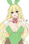  1girl animal_ear_hairband animal_ears asuto110 bare_shoulders blonde_hair blue_eyes blush bow bowtie braid breasts brown_thighhighs choushinjiku_game_neptune_unlimited cleavage closed_eyes commentary_request detached_collar dot_nose drill_hair drill_sidelocks eclipse_heart_(neptunia) fake_animal_ears frilled_wrist_cuffs frills green_hair green_leotard hair_between_eyes hair_ornament hairband half_up_braid heart heart_hands highres huge_breasts leotard long_hair looking_at_viewer multicolored_hair neptune_(series) open_mouth playboy_bunny rabbit_ear_hairband rabbit_ears red_bow red_bowtie sidelocks smile solo split-color_hair strapless strapless_leotard thighhighs vert_(neptunia) very_long_hair white_background wrist_cuffs 