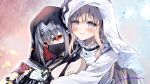  2girls akane_(getwild23) artist_name bandaged_arm bandages bare_shoulders bib_collar black_choker black_dress black_gloves black_hood black_mask blonde_hair choker closed_mouth colored_inner_hair commentary_request cross cross_earrings cross_ornament crossed_bangs dress earrings frilled_dress frilled_sleeves frills gloves grey_hair hair_between_eyes hair_ornament highres hikami_meruru hug jewelry long_hair long_sleeves mahou_shoujo_no_majo_saiban mask mouth_mask multicolored_hair multiple_girls priestess purple_eyes red_eyes red_hair shito_alisa short_hair signature veil white_dress white_gloves white_veil wide_sleeves x_hair_ornament yuri 