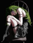  1girl absurdres arm_strap bare_shoulders black_background black_dress black_socks chair commentary dress green_hair highres knees_up long_hair looking_at_viewer on_chair purple_eyes ronuma sitting sleeveless sleeveless_dress socks solo sousou_no_frieren thigh_strap thighs ubel_(sousou_no_frieren) 