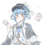  >_< 2girls ? bird_hat_ornament black_bow black_bowtie black_capelet black_hat blue_hair blue_necktie bow bowtie braid braided_hair_rings capelet closed_mouth collared_shirt deerstalker furrowed_brow hair_bow hair_rings hand_on_own_hip hat hat_bow highres holding holding_mask long_sleeves mahou_shoujo_no_majo_saiban mask multiple_girls necktie ohohohohnh sakuraba_ema shirt short_hair simple_background solo_focus tachibana_sherry upper_body v-shaped_eyebrows white_background white_shirt yellow_eyes 