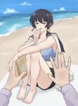  2girls barefoot bikini black_shorts blue_bikini blue_sky brown_eyes chang_chin-lan commentary_request day earrings female_pov gujyo_kanade highres horizon isshin_ichi jewelry kamiina_botan_yoeru_sugata_wa_yuri_no_hana looking_at_viewer multiple_girls ocean outdoors parted_lips pov shorts sky smile sweater swimsuit toes white_sweater 