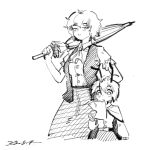  2girls antennae ascot blush buttons cape chenwei_jun chinese_commentary commentary_request cowboy_shot dated greyscale hand_on_another's_head height_difference highres holding holding_umbrella kazami_yuuka long_sleeves monochrome multiple_girls parasol parted_lips shirt short_hair short_sleeves sketch skirt touhou umbrella vest wriggle_nightbug 