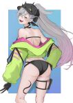  1girl absurdres ass back bare_shoulders baseball_cap bikini black_bikini black_hands black_hat breasts colored_extremities commentary_request demon_girl demon_horns fangs fate/grand_order fate_(series) green_eyes green_jacket grey_hair hand_on_own_hip hat highres horns jacket lilith_(fate) lilith_(swimsuit_rider)_(first_ascension)_(fate) long_hair looking_back multicolored_jacket open_mouth pink_jacket pointy_ears ponytail pouch smile swimsuit thigh_pouch two-tone_jacket v yurimaru00 