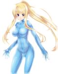  bad_id bad_pixiv_id bangs blonde_hair blue_eyes bodysuit breasts highres large_breasts long_hair metroid paopao ponytail samus_aran shiny shiny_clothes skin_tight solo thigh_gap turtleneck zero_suit 