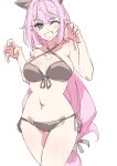  1girl :o ;o animal_ears bikini black_bikini blue_eyes breasts cat_ears cleavage_cutout clothing_cutout commentary elf elysia_(honkai_impact) fake_tail highres honkai_(series) honkai_impact_3rd kili_kilio large_breasts long_hair long_pointy_ears looking_at_viewer navel one_eye_closed paw_pose pink_hair pointy_ears simple_background smile solo stomach swimsuit tail thighs very_long_hair white_background 
