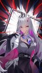  1girl absurdres black_gloves breasts coat commentary_request crown gloves grey_shirt grey_skirt grin highres holding holding_removed_eyewear honkai:_star_rail honkai_(series) kamikumo_(efux4278) large_breasts long_hair nihilux_(honkai:_star_rail) partially_fingerless_gloves pointy_ears purple_eyes purple_hair shirt skirt smile solo unworn_eyewear very_long_hair white_coat white_hair 