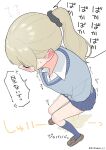  1girl anger_vein black_scrunchie blonde_hair blue_skirt blue_socks blush brown_shoes closed_eyes collared_shirt commentary_request ear_blush foreshortening from_above from_side grey_sweater hair_ornament hair_scrunchie highres humiliation kneehighs loafers long_hair long_sleeves miniskirt original pee pee_puddle peeing peeing_self pleated_skirt pokiniki ponytail school_uniform scrunchie shirt shoes skirt socks solo sound_effects speech_bubble spoken_anger_vein sweater translation_request white_shirt 