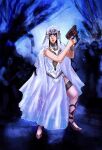  1girl anatolia_(fire_emblem) black_hair breasts commentary dress fire_emblem fire_emblem:_fortune's_weave full_body gun hair_ornament handgun headdress high_heels highres holding holding_gun holding_weapon jamboe looking_to_the_side medium_breasts purple_eyes resident_evil resident_evil_4 salamander_(fire_emblem) thigh_strap weapon white_dress white_headdress 