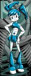  1girl absurdres blue_hair blue_skirt blue_tank_top colored_skin full_body heidi-celestial highres humanoid_robot jenny_wakeman joints looking_at_viewer mechanical_hair metal_skin my_life_as_a_teenage_robot robot robot_girl robot_joints skirt smile solo tank_top twintails white_skin 