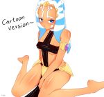  1girl ahsoka_tano alien armband armlet artist_name blue_eyes breasts collar colored_skin commentary covered_nipples english_commentary facial_mark gold_armlet jedi jewelry lekku_(anatomy) medium_breasts mollo101 orange_skin pelvic_curtain shiny_skin sitting slave star_wars star_wars:_the_clone_wars_(2008_tv_series) togruta underboob wariza white_background 