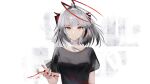  1girl absurdres ahoge antenna_hair arknights black_shirt breasts closed_mouth commentary demon_girl demon_horns diamond-shaped_pupils diamond_(shape) eugle_na expressionless grey_hair highres horns looking_at_viewer medium_breasts medium_hair multicolored_hair orange_eyes red_hair red_horns red_pupils shirt short_sleeves simple_background solo symbol-shaped_pupils t-shirt two-tone_hair upper_body w_(arknights) white_background 