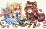 2girls :d :o ahoge animal_ear_fluff animal_ears anoushka_russell armor armored_boots barefoot belt bird_girl bird_wings black_dress blonde_hair blue_bow blue_bowtie blue_dress blue_eyes blunt_bangs boots bow bowtie breastplate brown_armor brown_belt brown_boots brown_hair brown_ribbon chibi child collared_dress commentary curtained_hair dress elbow_gauntlets english_commentary feathered_wings filo_(tate_no_yuusha_no_nariagari) flower frilled_dress frilled_sleeves frills gauntlets high_collar layered_dress leaning_forward leather leather_armor leather_boots legendary_shield_(small_shield)_(tate_no_yuusha_no_nariagari) legendary_shield_(tate_no_yuusha_no_nariagari) long_hair long_sleeves looking_at_viewer medium_dress metal_arm_cuffs metal_wrist_cuffs multiple_girls neck_ribbon open_mouth pauldrons pink_flower pinstripe_dress pinstripe_pattern raccoon_ears raccoon_girl raccoon_tail raphtalia red_dress red_eyes red_ribbon ribbon shield shoulder_armor single_pauldron sleeveless sleeveless_dress smile soles straight_hair tail tanuki tate_no_yuusha_no_nariagari thigh_boots two-tone_dress white_background white_dress white_wings wings zettai_ryouiki 