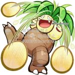  04sora40 barrage_(pokemon) commentary_request exeggutor fangs leaf no_humans open_mouth plant pokemon pokemon_(creature) pokemon_focus pokemon_move seed solo standing standing_on_one_leg tree white_background 