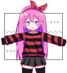  1girl alternate_costume aubrey_(faraway)_(omori) aubrey_(omori) bad_id bad_pixiv_id black_shirt black_skirt black_thighhighs blue_eyes blush commentary_request double-parted_bangs ear_piercing hair_between_eyes highres hoshidashiki long_hair long_sleeves looking_at_viewer omori parted_lips piercing pink_hair red_shirt shirt sidelocks skirt sleeves_past_fingers sleeves_past_wrists solo striped_clothes striped_shirt thighhighs two-tone_shirt 