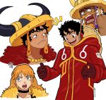  1girl 2boys black_choker black_hair blue_eyes brown_gloves cape choker closed_mouth coat colereeyn commentary dark-skinned_male dark_skin earrings fake_facial_hair fake_horns fake_mustache fur_cape gloves hat hat_on_back headphones helmet highres horned_helmet horns jewelry long_hair long_sleeves monkey_d._luffy multiple_boys multiple_views nami_(one_piece) notice_lines one_piece one_piece_(live_action) open_mouth orange_hair pearl_earrings radio_antenna red_cape red_coat scar scar_on_cheek scar_on_face short_hair single_sidelock squiggle straw_hat untranslatable_commentary upper_body usopp white_background yellow_cape 