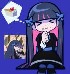  1girl black_dress blue_background blue_bow blue_hair blunt_bangs bow cake cake_slice closed_eyes closed_mouth colored_inner_hair crumbs dress food food_on_face gothic_lolita hair_bow honekoneko_(psg) jjjjtaaaku lolita_fashion long_hair long_sleeves multicolored_hair panty_&amp;_stocking_with_garterbelt pink_hair reference_sheet simple_background sitting solo speech_bubble spoken_food stocking_(psg) striped_clothes striped_thighhighs thighhighs thought_bubble two-tone_hair very_long_hair 