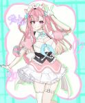  1girl animal_ear_fluff animal_ears arm_up artist_name bell black_corset blue_neckerchief blue_ribbon braid breasts cat_ears cat_girl cat_tail cleavage commentary_request corset eyelashes gloves hair_intakes hair_ornament hairclip heart heart_hair_ornament highres indie_virtual_youtuber jingle_bell koko_neko_(user_108293068) long_hair maid maid_headdress neck_bell neckerchief pink_eyes pink_hair puffy_short_sleeves puffy_sleeves ribbon shirt short_sleeves single_thighhigh skirt smile solo tail tail_ornament tail_ribbon thigh_strap thighhighs twin_braids virtual_youtuber w white_gloves white_headdress white_skirt white_thighhighs yuuki_sakuna 