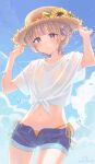  1girl alternate_costume bikini bikini_bottom_under_shorts bikini_top_under_shirt bikini_under_clothes blonde_hair blue_shorts blue_sky brown_hat commentary_request denim denim_shorts grin halterneck hat highres hololive hololive_dev_is looking_at_viewer multicolored_hair open_fly outdoors purple_eyes purple_hair see-through_clothes shirt short_hair short_shorts short_sleeves shorts side-tie_bikini_bottom sky smile solo straw_hat streaked_hair string_bikini sun_hat swimsuit tied_shirt toa_inusuki todoroki_hajime triangle_bikini_top two_side_up virtual_youtuber wet wet_clothes white_shirt yellow_bikini 
