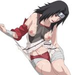  1girl bandages black_hair breasts commentary deviantart_logo deviantart_username english_commentary highres injury kiripetals lipstick long_hair makeup medium_breasts naruto_(series) naruto_shippuuden navel nipples panties photoshop_(medium) red_eyes red_panties red_shorts shirt shorts simple_background solo torn_clothes torn_shirt underwear watermark white_background yuuhi_kurenai 