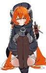  1girl 1other black_hat black_horns blush breasts closed_mouth commentary_request curled_horns dragon_girl dragon_horns green_eyes hair_between_eyes hat highres horns knees_up large_breasts long_hair looking_at_viewer magus_(zenless_zone_zero) mashibon mechanical_horns mechanical_tail orange_hair orange_pupils orphie_magnusson pointy_ears simple_background sitting tail thighhighs twintails white_background zenless_zone_zero 
