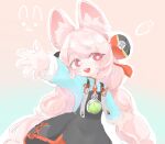  1girl animal_ear_fluff animal_ears arms_up braid braided_twintails bright_pupils carrot commentary_request furry furry_female fuum_25252 hair_ornament highres long_hair looking_at_viewer open_mouth pink_fur pink_hair rabbit_ears rabbit_girl red_eyes screw shirt short_eyebrows smile solo teeth thick_eyebrows twin_braids upper_body upper_teeth_only waving white_pupils zenless_zone_zero zhao_(zenless_zone_zero) 