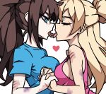  2girls absurdres black_hair blonde_hair blue_eyes blue_shirt breast_press breasts bruise bruise_on_arm class_of_09 closed_eyes commentary commission english_commentary heart highres holding_hands injury interlocked_fingers jecka_(class_of_09) kiss large_breasts long_hair multiple_girls nicole_(class_of_09) pill pink_tank_top ponytail scratches second-party_source shirt tank_top vhite white_background yuri 