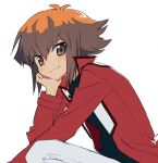  1girl ahoge black_shirt blush brown_eyes brown_hair collared_jacket duel_academy_uniform_(yu-gi-oh!_gx) hair_between_eyes hand_on_own_face highres jacket male_focus pants red_jacket shirt smile solo toto_(tkstcraving) white_pants yu-gi-oh! yu-gi-oh!_gx yuki_judai 