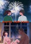  1girl 2boys breasts completely_nude dark-skinned_male dark_nipples dark_skin female_ejaculation firework_background happy_new_year hetero highres interracial lazyjuice medium_breasts multiple_boys muscular muscular_male netorare nipples nude original ponytail squirting_liquid 