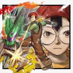  1boy black_eyes black_hair commentary_request frown gekitou!_crush_gear_turbo glasses green_shirt hat highres jin_kyosuke looking_at_viewer multiple_views overalls red_hat shirt 