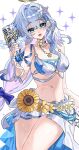  1girl bikini blue_hair breasts commentary_request feathered_wings green_eyes hair_intakes hair_ornament highres holding holding_microphone honkai:_star_rail honkai_(series) large_breasts long_hair looking_at_viewer microphone multicolored_hair navel open_mouth robin_(honkai:_star_rail) robin_(summeretto)_(honkai:_star_rail) sarong simple_background smile solo starfish_hair_ornament stomach swimsuit tarutaru428 very_long_hair white_background white_bikini white_sarong white_wings wings 