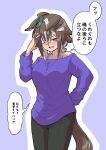  1girl agnes_tachyon_(casual)_(umamusume) agnes_tachyon_(umamusume) agnes_tachyon_(umamusume)_(cosplay) ahoge animal_ears arm_behind_back black_pants blush bra_strap brown_hair commentary_request cosplay ears_down eyes_visible_through_hair fang grey_eyes grey_hair hair_ornament hair_over_one_eye hairclip hand_up highres horse_ears horse_girl horse_tail jewelry legs_together long_sleeves looking_at_viewer medium_hair multicolored_hair multiple_hairclips nervous_smile off-shoulder_sweater off_shoulder open_mouth pants pendant purple_sweater rulership_(umamusume) smile solo sweater tail translation_request two-tone_hair umamusume verta_(verlaine) 