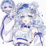  1girl blue_eyes blue_hair blue_hat breasts cleavage commentary_request crop_top fingerless_gloves gloves hat head_wings highres honkai:_star_rail honkai_(series) hyb_muyuu jacket long_sleeves looking_at_viewer official_alternate_costume official_art_inset open_mouth reference_inset robin_(honkai:_star_rail) robin_(race)_(honkai:_star_rail) simple_background solo visor_cap white_background white_gloves white_jacket white_wings wings 