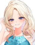  1girl bare_arms bare_shoulders blonde_hair blue_eyes blush collarbone commentary facing_viewer floral_print fuyu_2320 gakuen_idolmaster halterneck hand_in_own_hair highres idolmaster juo_sena long_hair looking_at_viewer multicolored_hair pink_hair simple_background smile solo white_background 