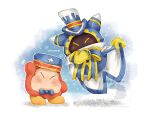  blue_bow blue_bowtie blue_hat bow bowtie closed_eyes colored_skin commentary_request curtsey english_text gloves hat highres kirby's_return_to_dream_land_deluxe kirby_(series) magolor manager_magolor no_humans orange_skin oripin_no_hari rayman_limbs star_(symbol) top_hat waddle_dee watermark yellow_gloves 