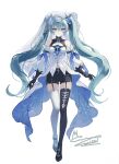  1girl :| above-cleavage_cutout aqua_eyes aqua_hair asymmetrical_legwear bare_shoulders black_gloves black_shoes black_shorts blue_flower blue_gem bow bracelet breasts brooch closed_mouth clothing_cutout collar commentary_request crossed_bangs dated detached_sleeves dress flower frilled_collar frills full_body garter_straps gem gloves hair_bow hair_flower hair_intakes hair_ornament hatsune_miku high-low_dress highres jewelry long_hair looking_at_viewer memory_mie mismatched_legwear mismatched_thighhighs pearl_bracelet pointy_ears puffy_detached_sleeves puffy_sleeves see-through_clothes see-through_veil shoes short_shorts shorts sidelocks signature simple_background small_breasts solo straight-on thighhighs twintails two-sided_dress two-sided_fabric under-elbow_gloves veil very_long_hair vocaloid white_background white_dress 