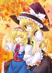  alice_margatroid bad_id bad_pixiv_id closed_eyes fukase_ayaka hairband hat holding_hands kirisame_marisa leaf multiple_girls one_eye_closed open_mouth touhou witch_hat 